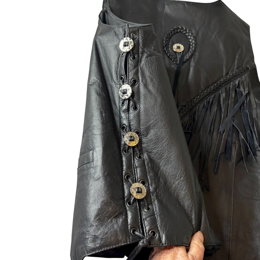 Diamond Plate Leather Fringe Vest Biker Western Festival Lacing XL Concho - Picture 4 of 12
